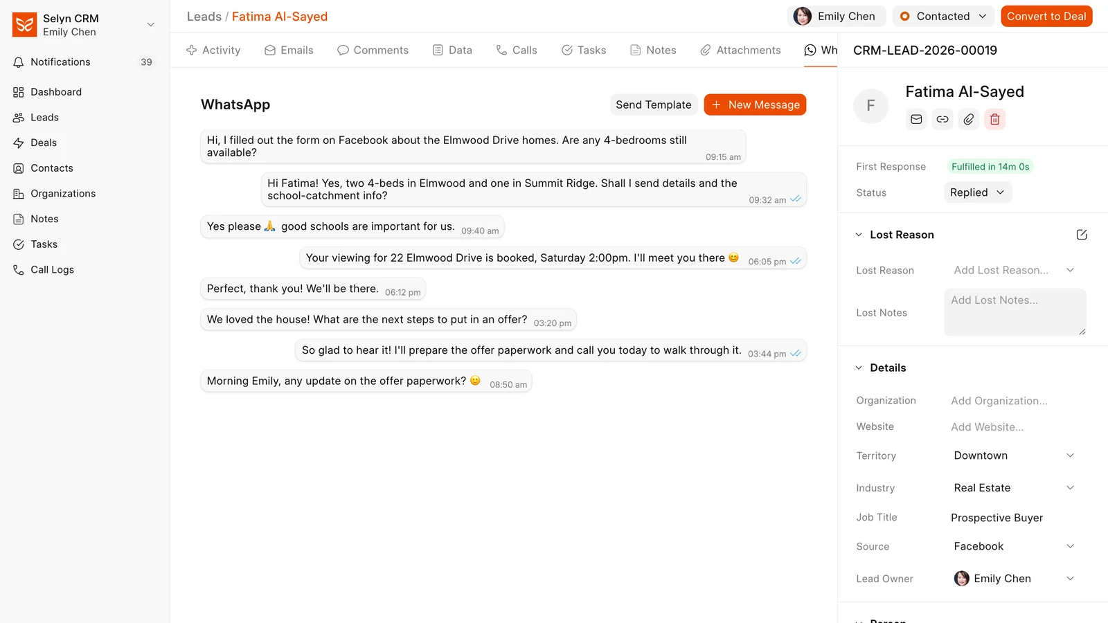 A lead record in Selyn CRM open on its WhatsApp tab, showing a full back-and-forth thread beside a side panel where the first-response target reads fulfilled in 14 minutes.