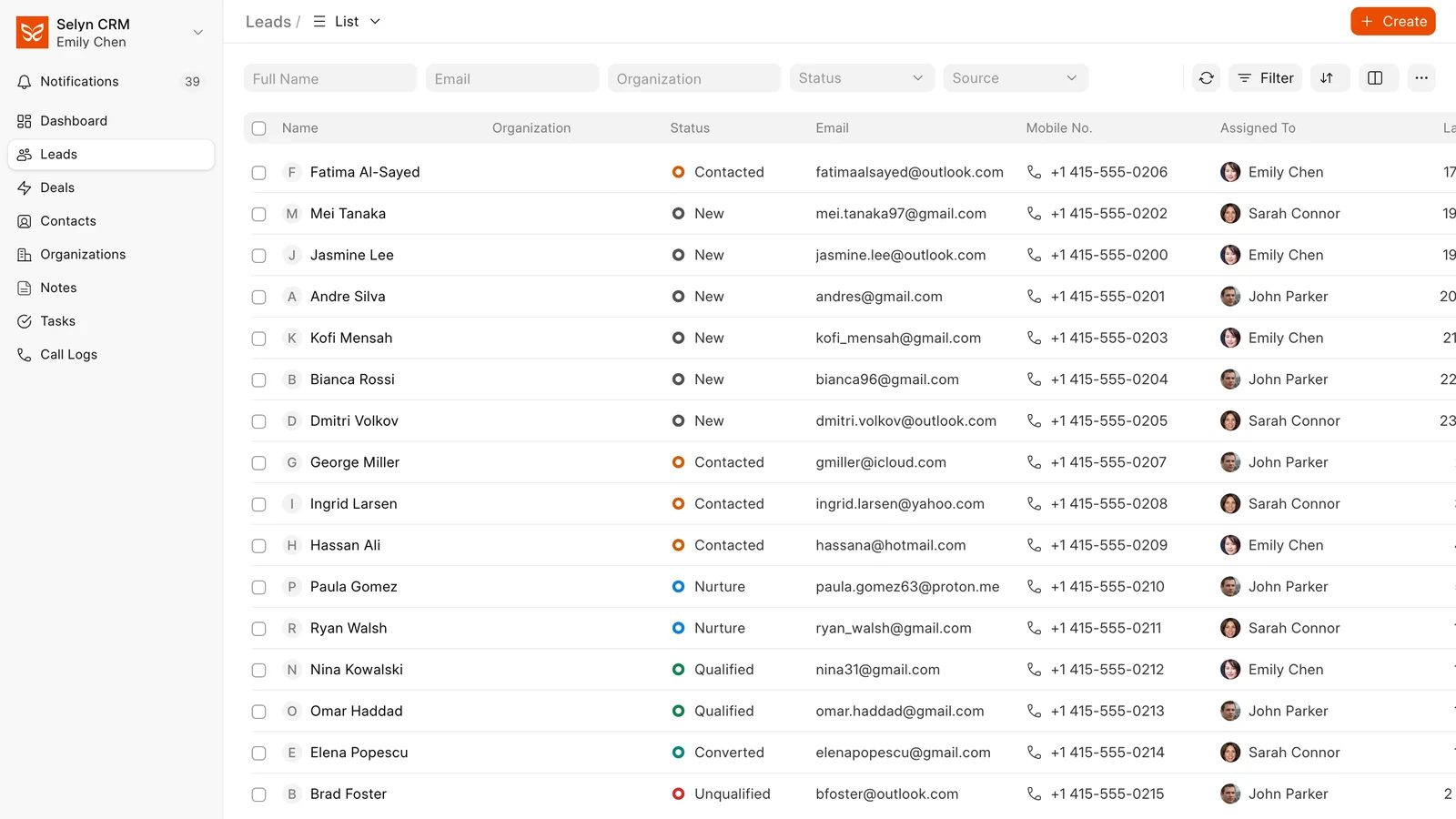 The Selyn CRM leads list: sixteen leads with their status, email, mobile number and the agent each one is assigned to.