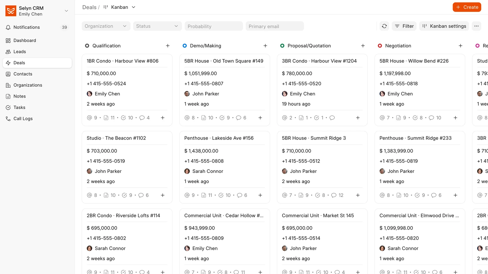 The Selyn CRM deals board in Kanban view, with deals in columns by stage and each card showing the property, its price and the agent who owns it.